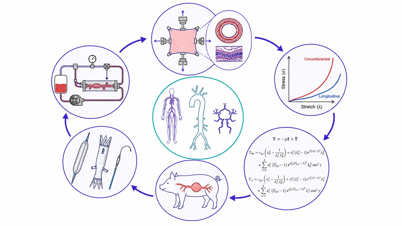 Diagram of the lab research cycle: human and porcine arteries, biaxial mechanical testing and histology, stress-stretch curves, constitutive modeling, large animal models, endovascular devices, and perfusion bioreactor.